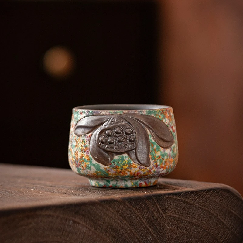 구차오 신형 록 페인팅 연꽃 컵 레트로 세라믹 마스터 티컵 가정용 개인 음용 세트 중국 차 예식 도구