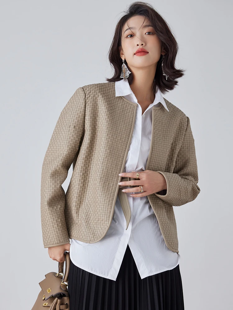 

Hand-woven Genuine Leather Jackets for Women Simple O-neck Solid Slim Short Natural Real Sheepskin Coat jaqueta couro feminina