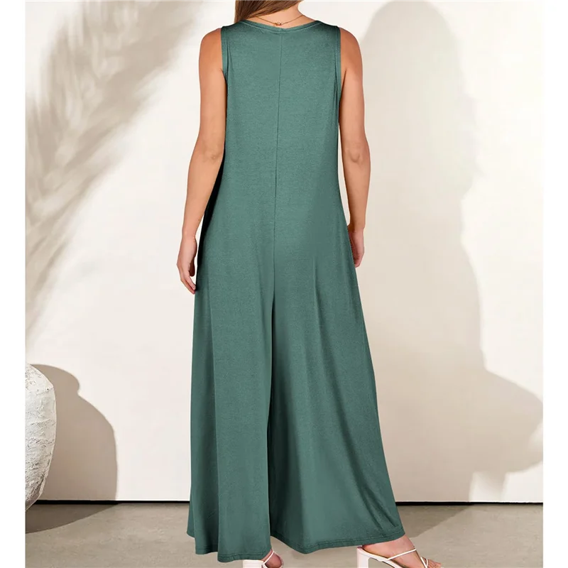 ABRT-dames casual zomer losse jumpsuits mouwloos V-hals wijde pijpen lange rompertjes baggy met zakken