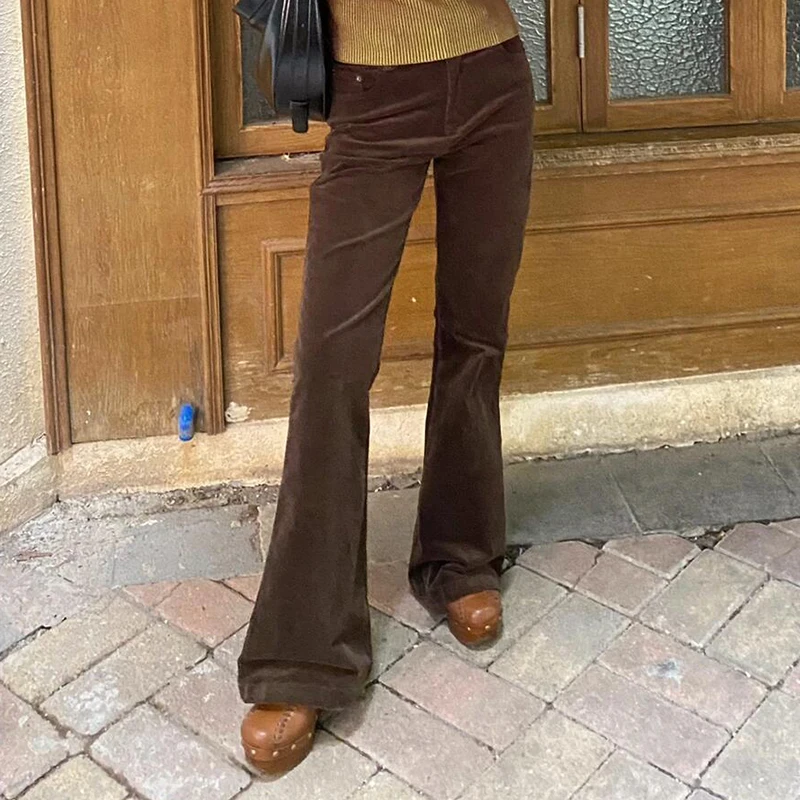 PBAP Trendy Corduroy Flare Pants Casual Slim Solid Cleanfit Pockets Low Waist Bootcut Pants Korean Autumn Winter Women Clothes