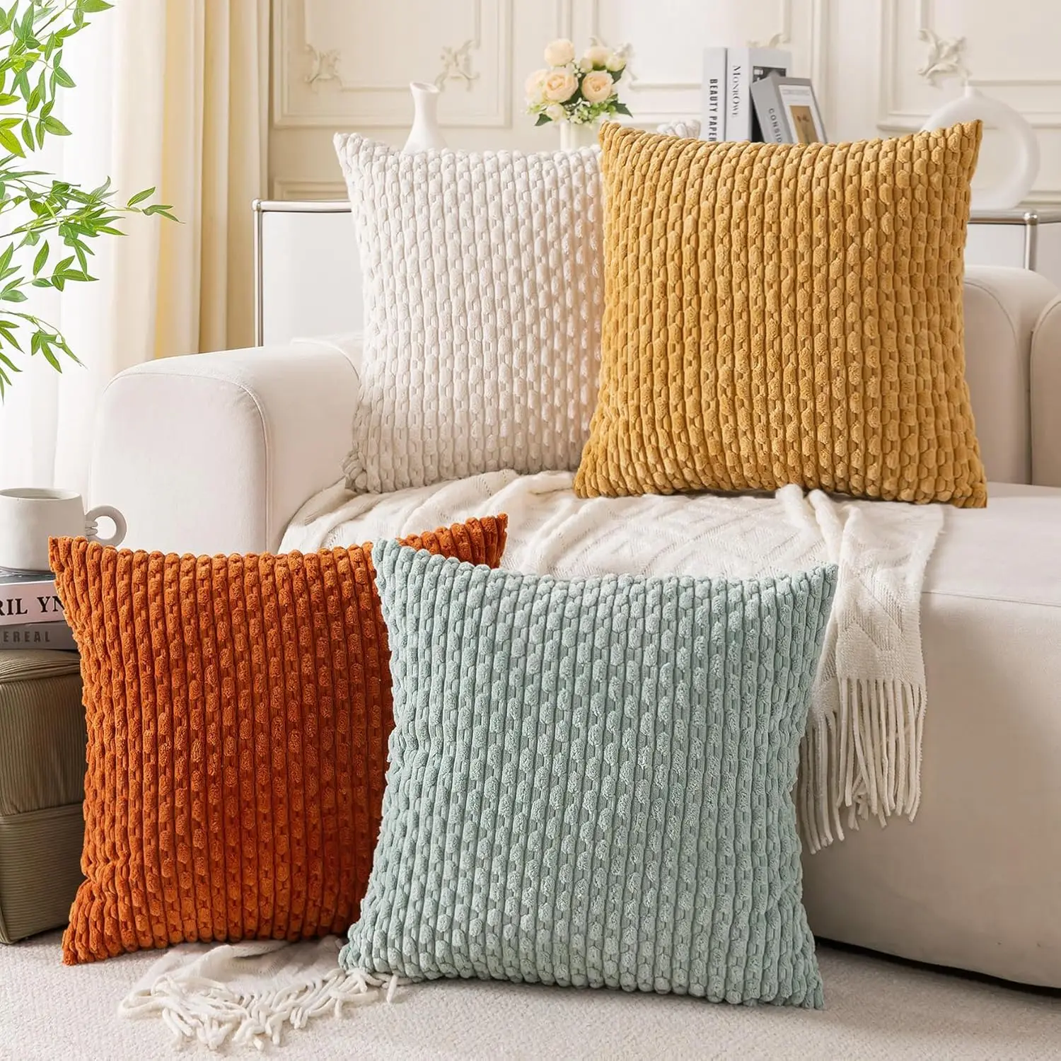 

Set Of 4 Yellow Rust Aqua Decorative Throw Pillow Covers 22X22 H Corduroy Pillow Covers For Bed Couch Sofa Living Room Soft