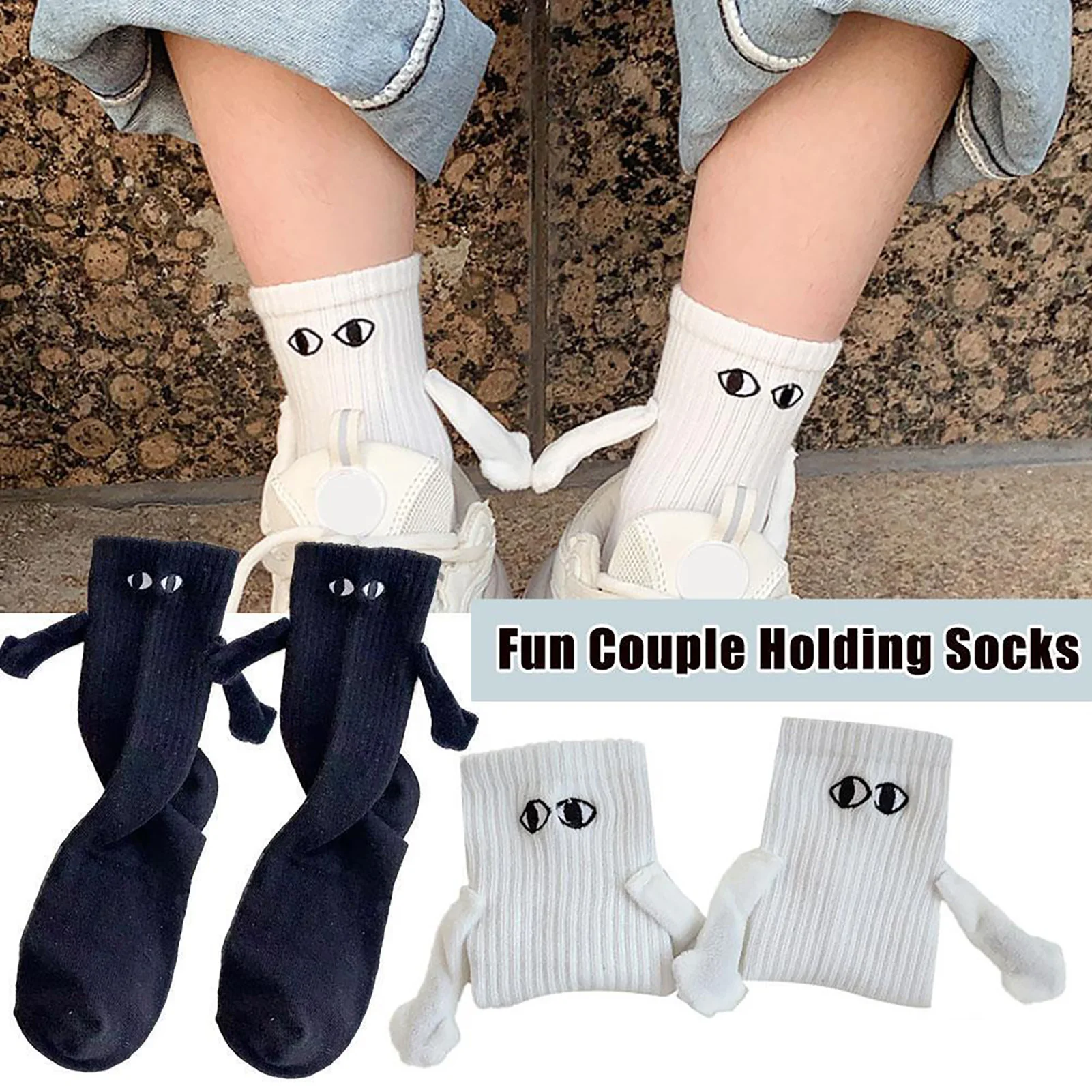 

1Pair Kawaii Women Socks Long Sock Black White Couple Holding Hands Socks Girls Sweet Harajuku Doll Couple Cotton Couple Sox