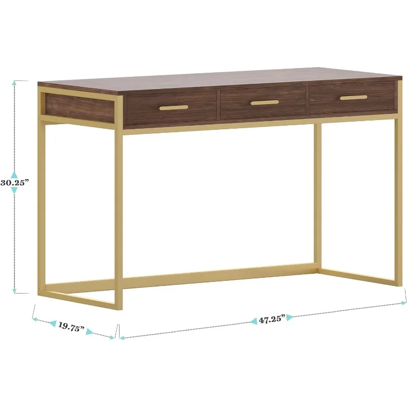 Home Office Desk com 3 gavetas, noz madeira grão, polido latão Hardware