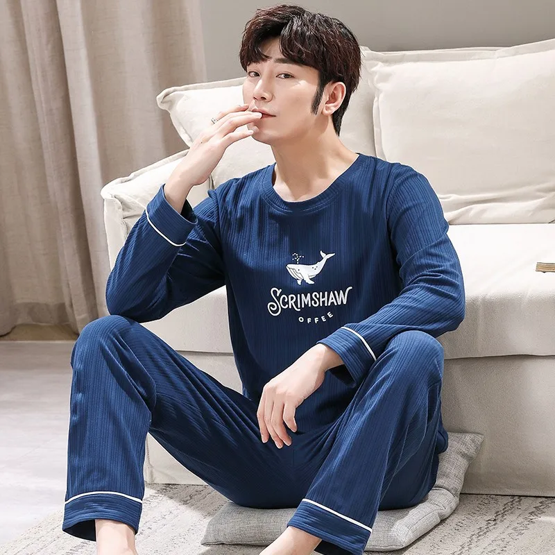 Men Comfortable Pyjamas Set 3XL Long Sleeve Casual Home Wear Spring Autumn Cotton Boy Pajama Sets Leisure Sleepwear Set