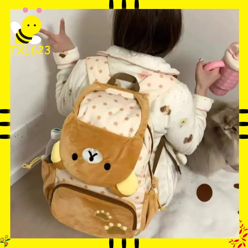 Uroczy japoński plecak typu clamshell z pluszową lalką Rilakkuma, duża pojemność, torba szkolna, torba do przechowywania, plecak anime JK dla par, prezent.