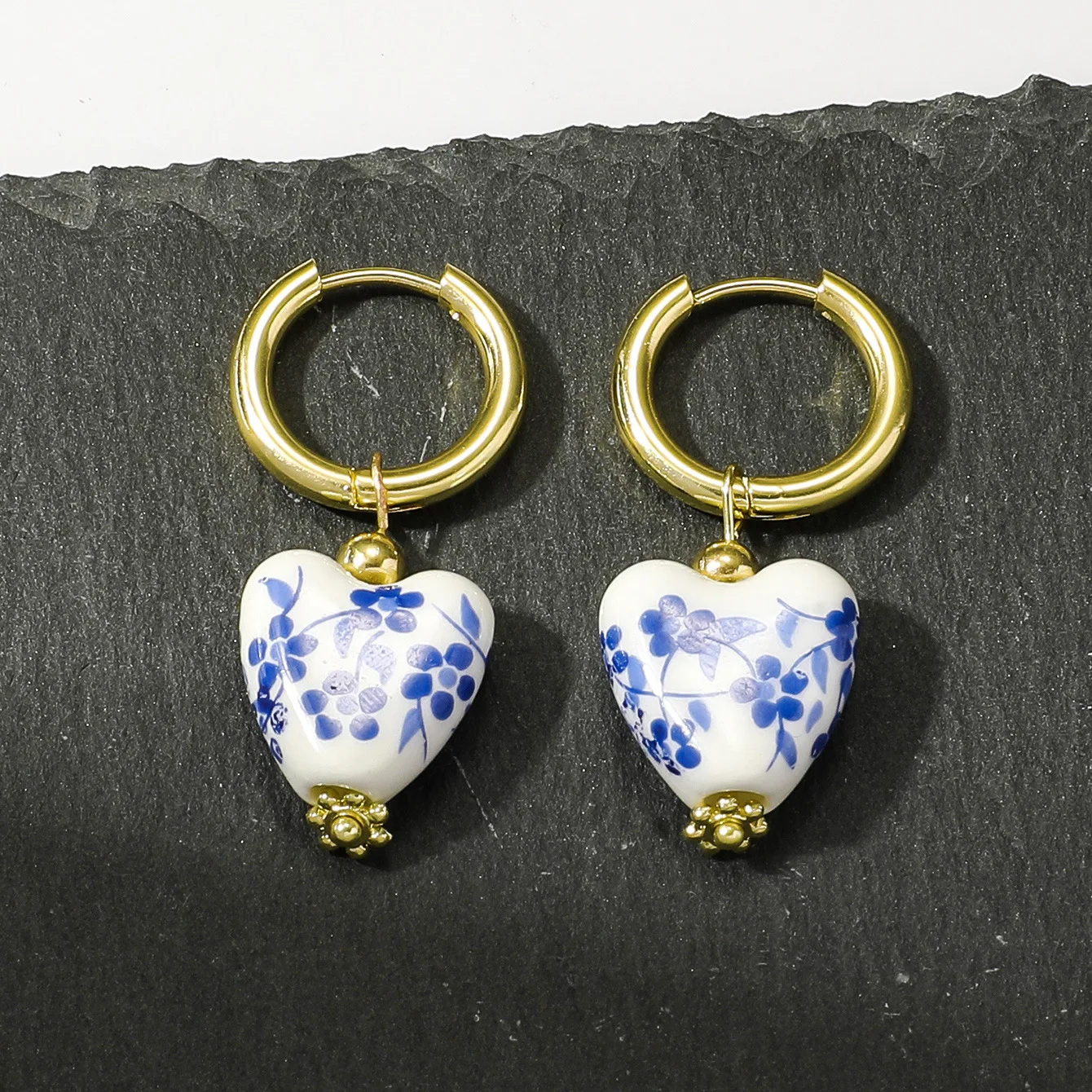 Retro Chinese Style Ceramic Love Earrings Stainless Steel Blue Print Flower Porcelain Earrings Party Vintage Jewelry