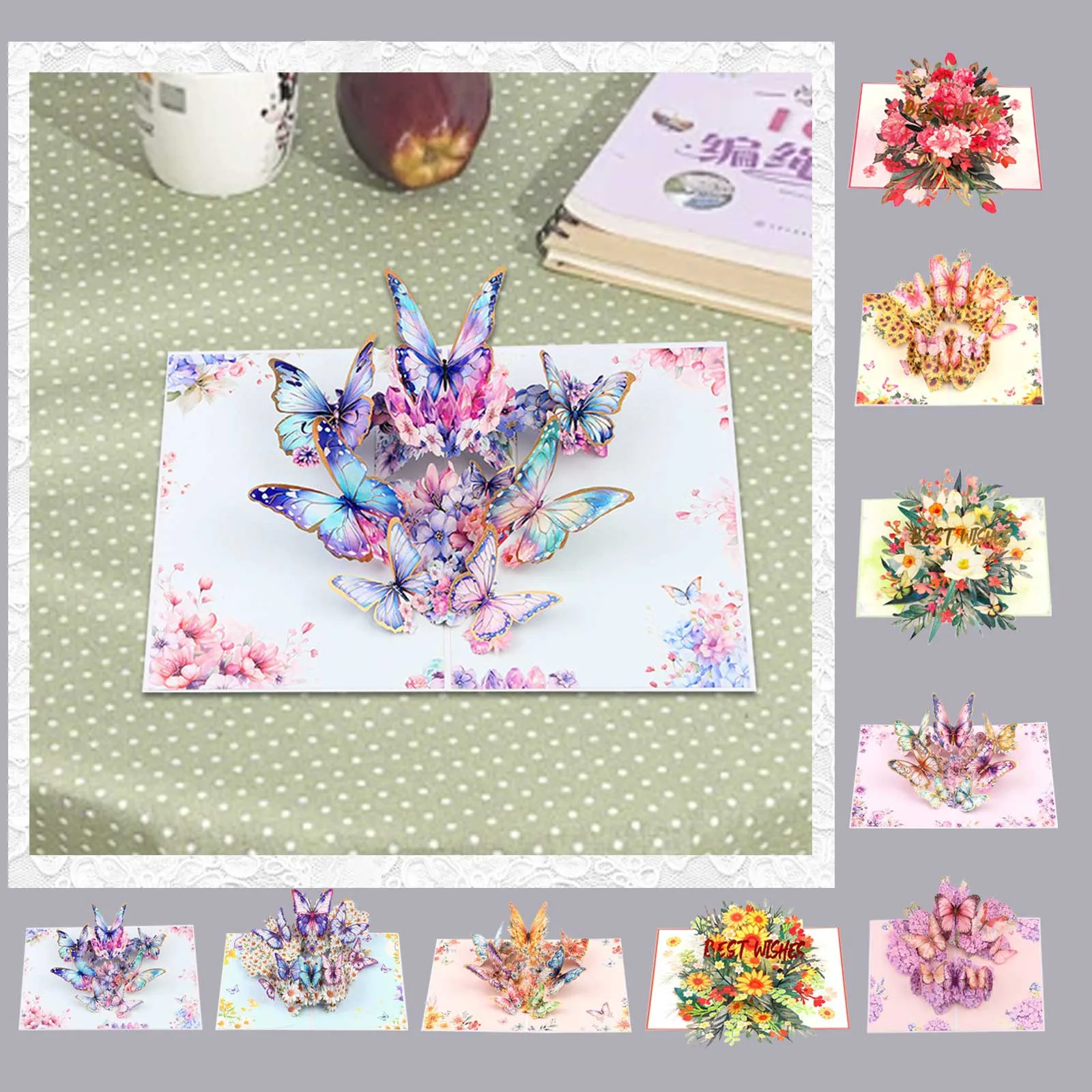 3D Butterfly Flowers Pop Up Greeting Cards Valentine's Day Hot Stamped Wedding Birthday Invitation Greeting,Paper Card Envelop