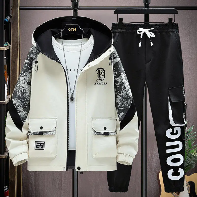 

Мужской комплект с капюшоном: свободная куртка и брюки из полиэстера, весна-осень, новинка, модный, с длинными рукавами