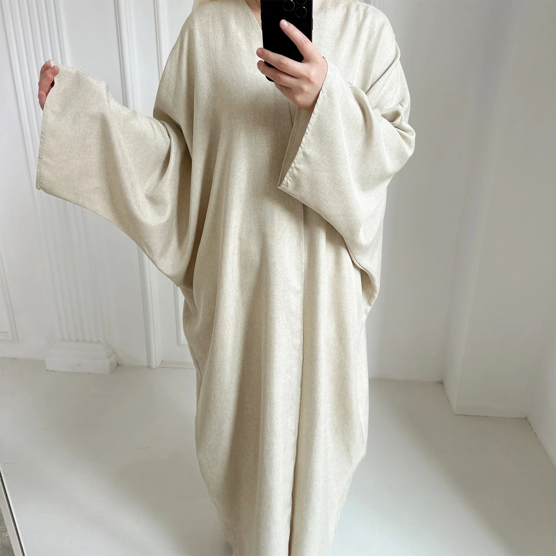 New Solid Fashion Modest Kimono Open Abaya for Women Arab Dubai Turkey Moroccan Cotton Linen Overcoat Outer Garment Autumn