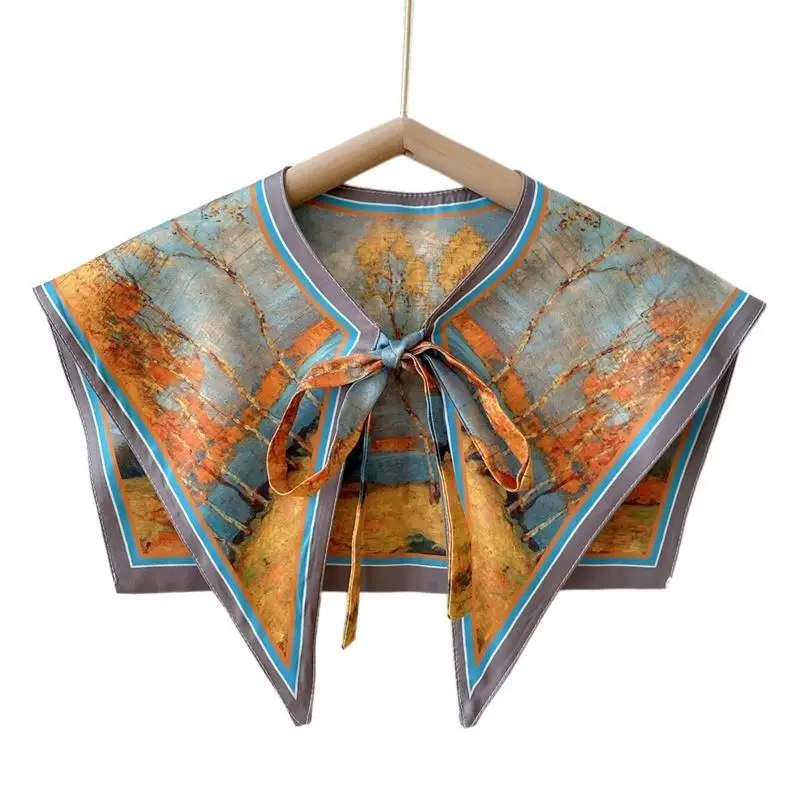 39BD Women Elegant Detachable Collar Scarf Vintage Colorful Landscape Oil Painting Print Shawl Wrap Lace-Up Shrug Capelet