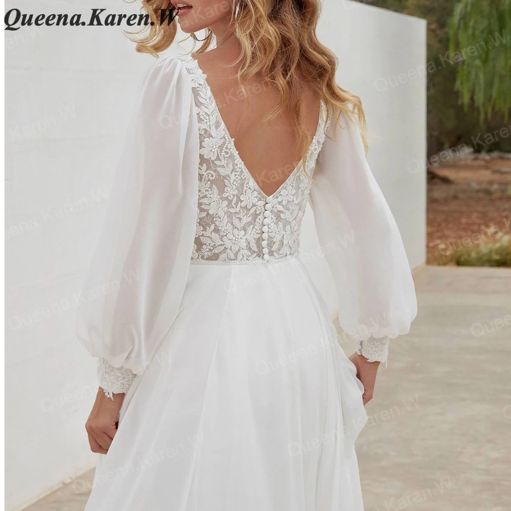 Vestido de novia de manga larga con apliques de encaje, elegante, estilo bohemio