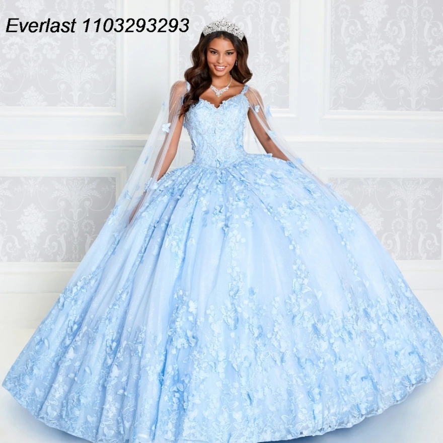 

EVLAST Customized Sky Blue Quinceanera Dress Ball Gown 3D Lace Applique Beaded With Cape Sweet 16 Vestido 15 De Años TQD242