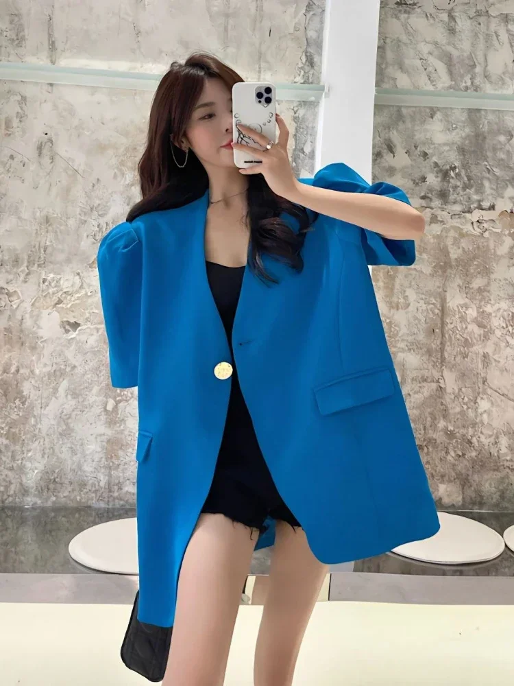 Blazer de manga corta de diseñador de lujo para mujer, abrigo de moda coreana con manga de burbuja, traje negro elegante, chaqueta fina, Top de verano