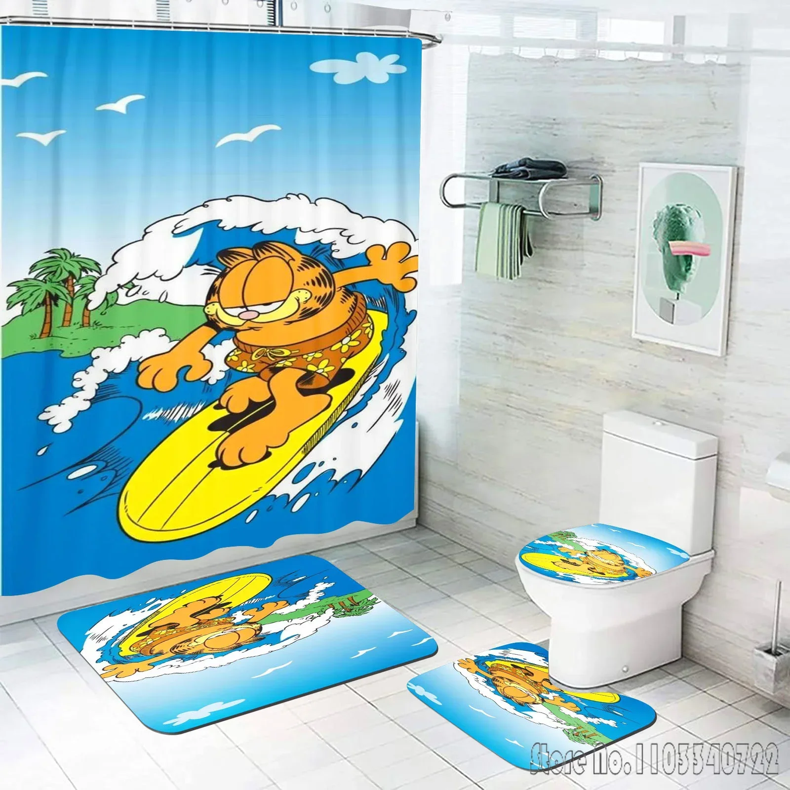 Disney G-Garfield Cat Bath Shower Curtain Set 4pcs with Hooks Waterproof Bathroom Toilet Mat Lid Decor