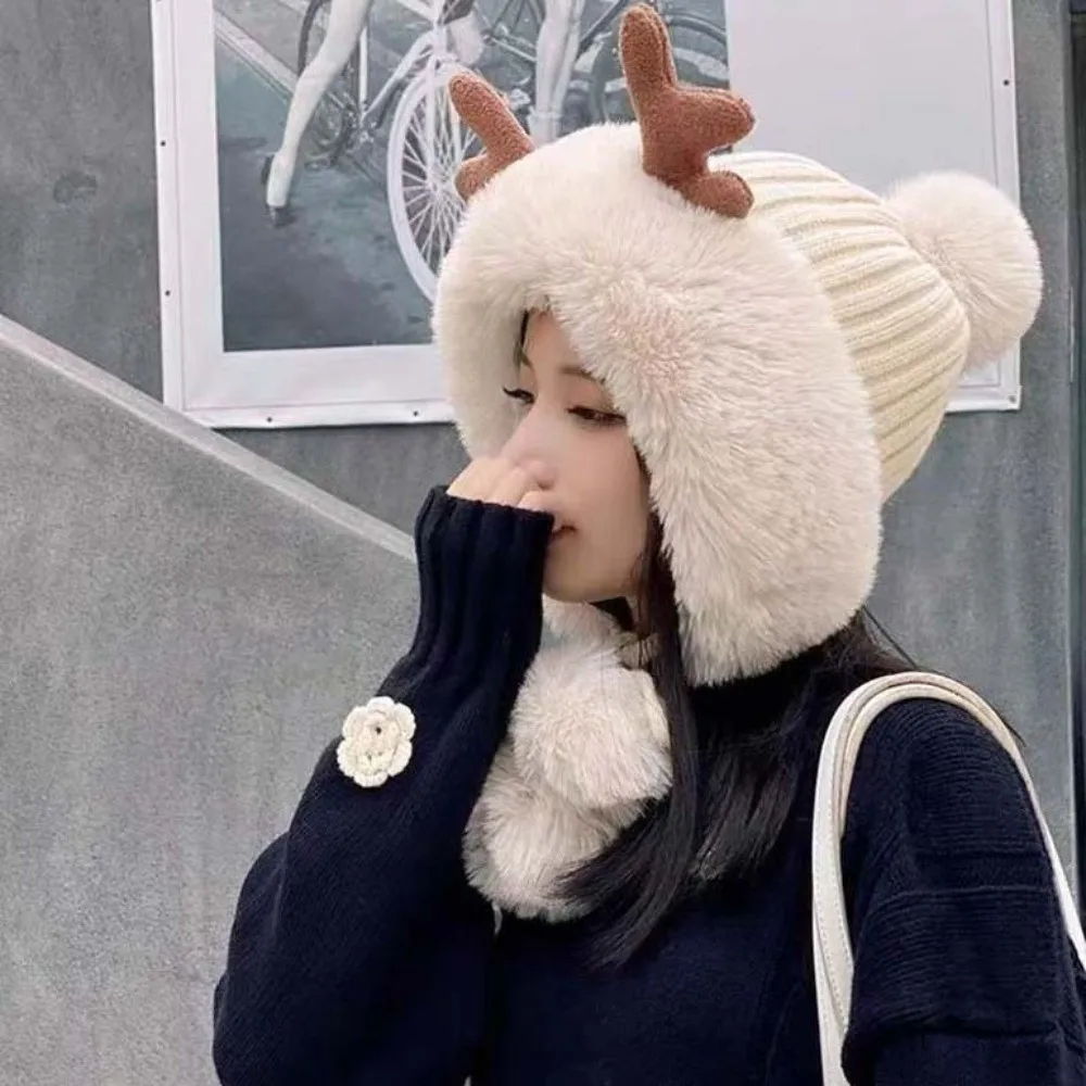 Winter-Strickmütze, Verdickte Hirschgeweih-Beanie, Winddichte Thermische Ohrenschutzkappe, Weiche Gerippte Warme Ohrenklappenmütze für Jugendliche – Detail 9