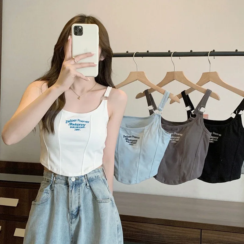 Women Crop Top Summer Y2K Lrregular Hem Slim Tank Tops Casual Sexy Female White Streetwear Letter Tank Tops With Pad Woman