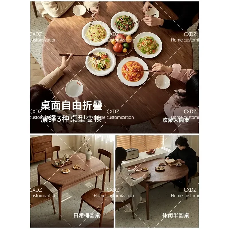 North American Black Walnut Foldable Round Dining Table Retractable Solid Wood Small Apartment Medieval Style