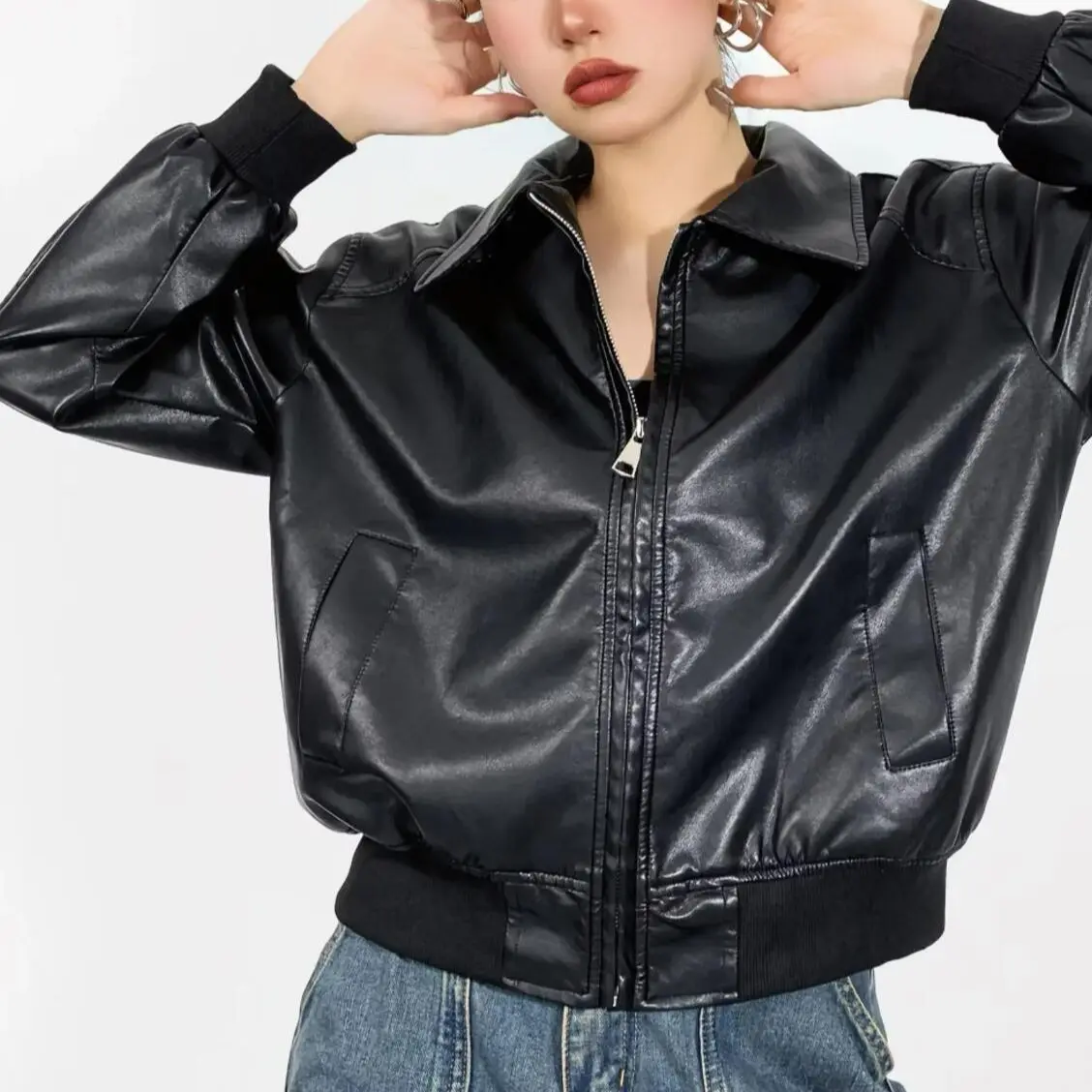 2023 American Retro COOL Women Vintage PU Leather Jacket Fashion Zipper Full  Sleeve Coat Loose Short Outwear Black Brown