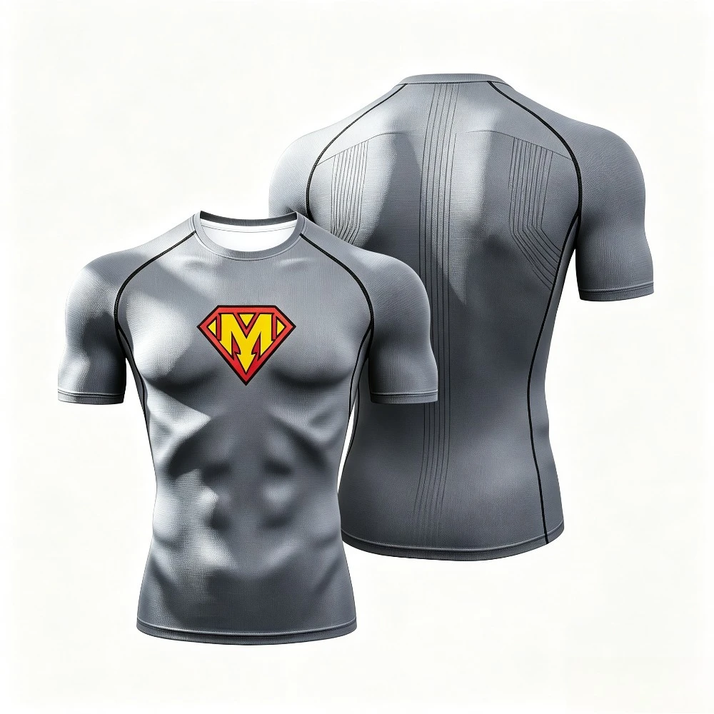 Men Super M Logo Compression T‑Shirt Short Sleeve Fitness Gym Workout Quick Dry Sports Undershirt Athletic Base Layer Tee