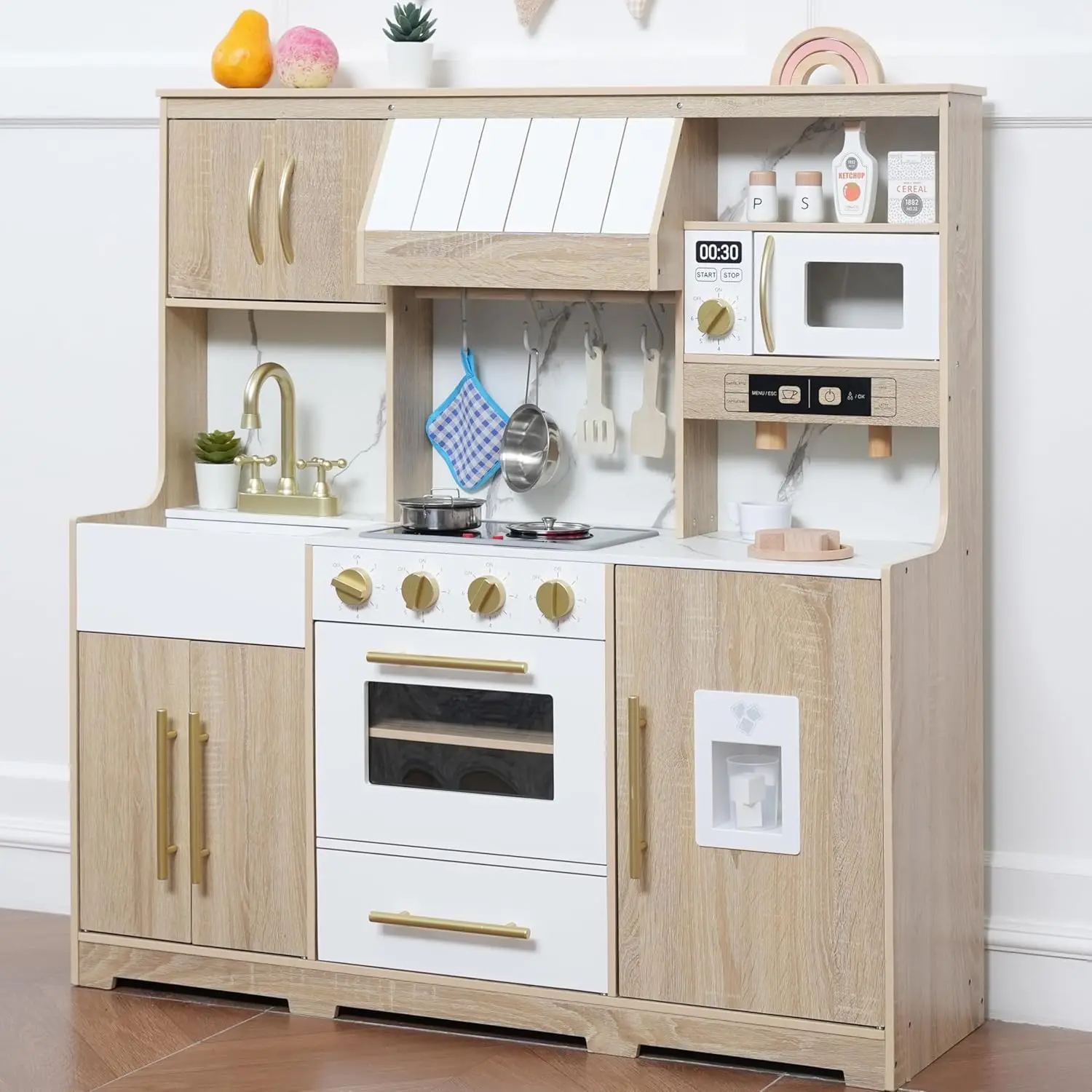 

Kids Kitchen PlaySet with Realistic Lights and Sounds,19 Accessories, Modern Design Upgraded Wooden Play Kitchen with Complete