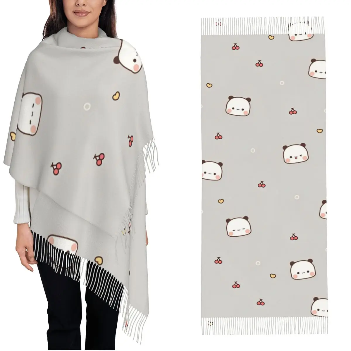 Womens Tassel Scarf Bubu Dudu Panda Bears Cartoon Large Winter Warm Shawl Wrap Cherry Heart Daily Wear Cashmere Scarf