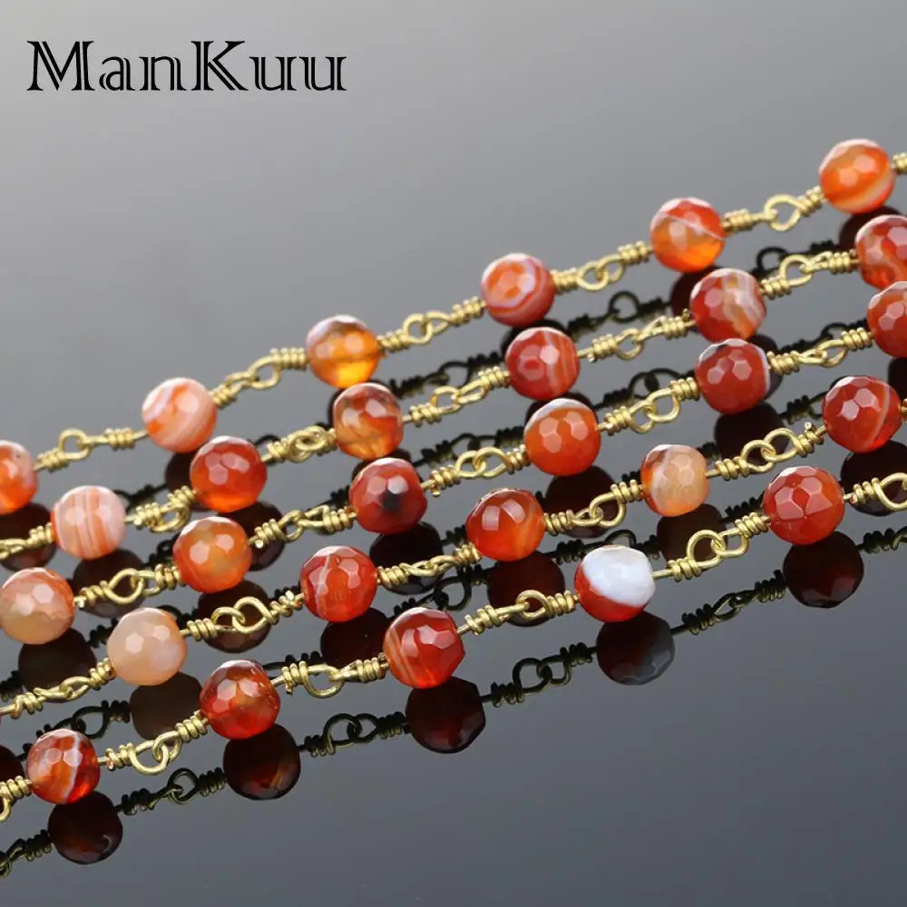 Mankuu 5M Wire Wrapped Beaded Chain Golds Plate Rosary Chain Carnelian Red Agates Faceted Crystal Beads Jewelry Making Necklace