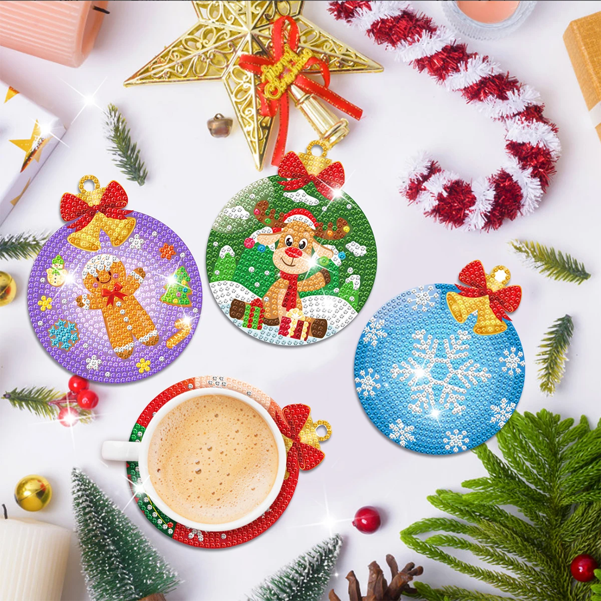 8pcs/sets Christmas Diamond Painting Coaster DIY Snowman Christmas Tree Drink Cup Diamond Art Coasters Christmas Decoration 2024