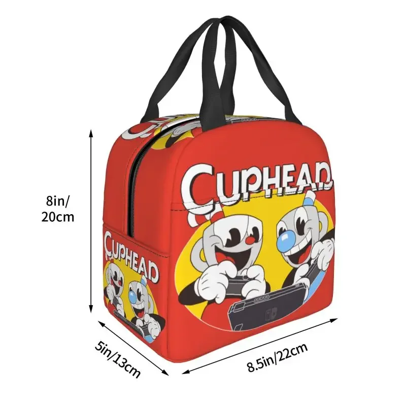 Sacos de almoço isolados para mulheres, Cuphead e Mugman, refrigerador térmico reutilizável, caixa de alimentos, trabalho, escola, viagem