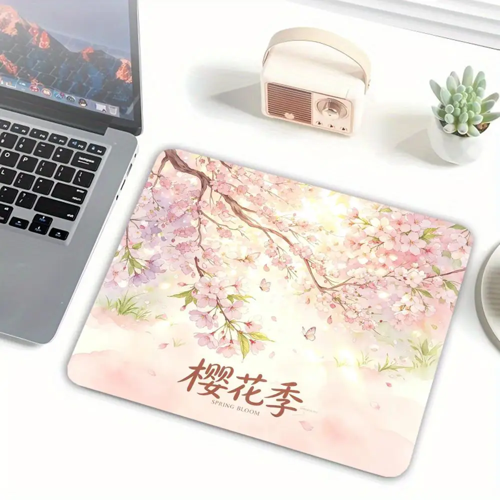 Sakura Floral Scenery Small Mouse Pad, Non-Slip Rubber Desk Mat Aesthetic Landscape Mousepad for Office Laptop Desktop