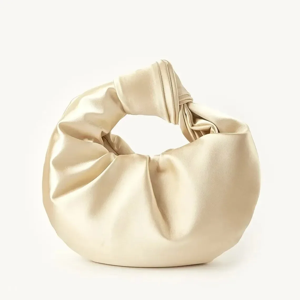 Fashion Solid Color Trend Tote Handbag Round Circular Purse Satin Cloud Bag Knotted Hand-held for Lady Wedding Banquet Purse