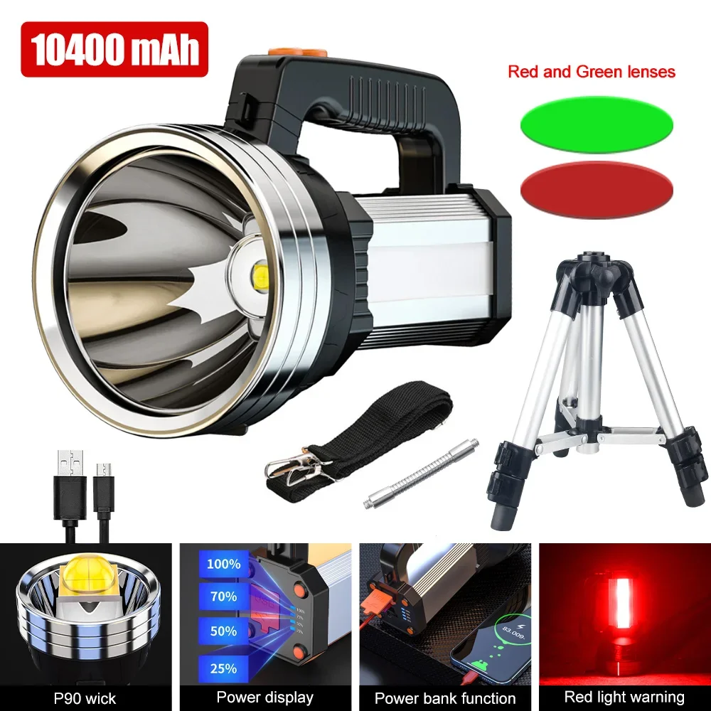 Super Bright 10000w LED Rechargeable Searchlight 8800mAh Handheld Spotlight Outdoor Emergency Power Bank+Shoulder Strap+Bracket