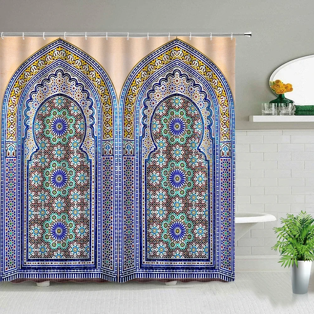 Waterproof Fabric Shower Curtain Arabic Arch Morocco Antique Doors Print Bath Screen Old Wooden Door Bathroom Curtains With Hook