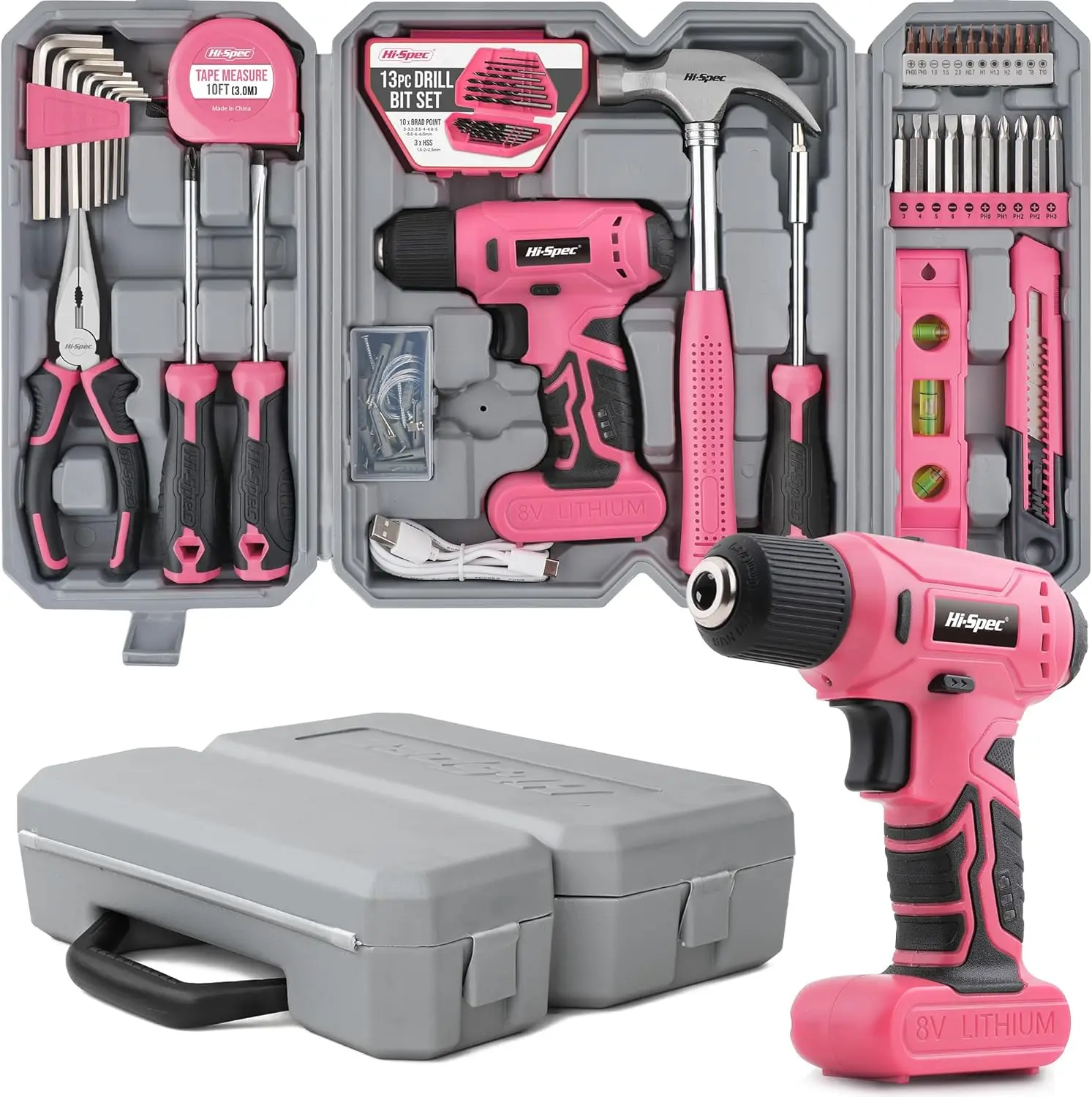 

58pc Pink Cordless Drill & Hand Tool Kit for Home DIY, USB Rechargeable