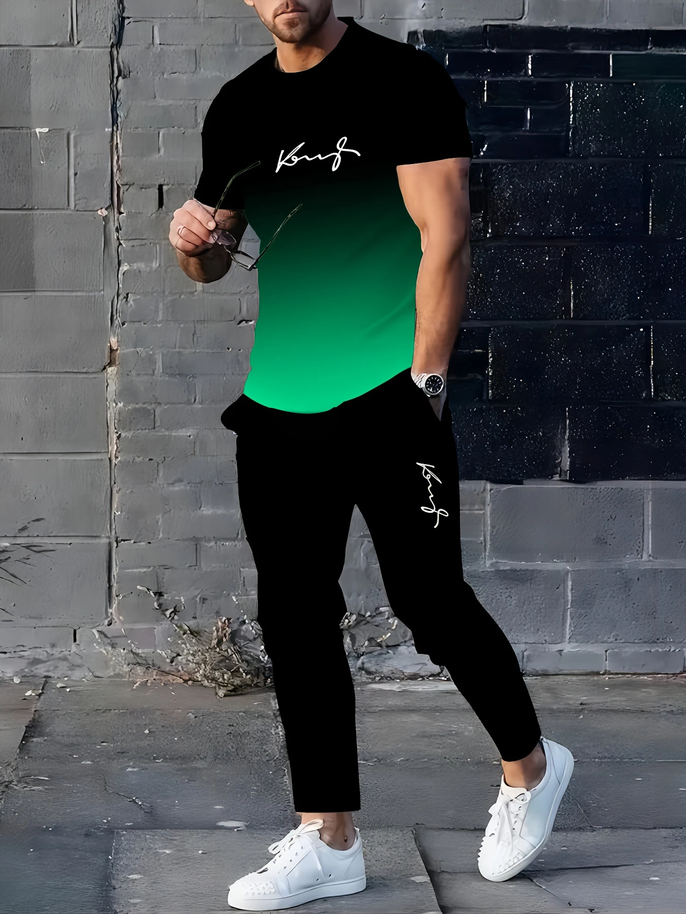 

Men‘s Breathable Suit Black Green Gradient 3D Pattern Print Quick Dry Casual Sport T-Shirt Drawstring Pants Two Piece Set