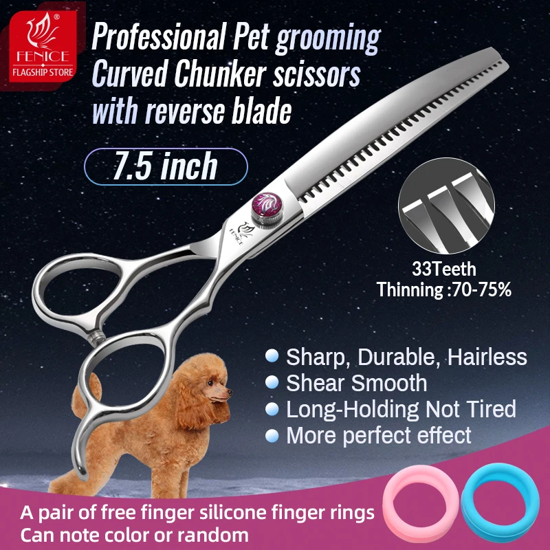 Fenice High-end 7.5 inch JP440C Steel Reverse Blade Curved Chunker Thinning Scissors Thinning 75% for Pet Groomers