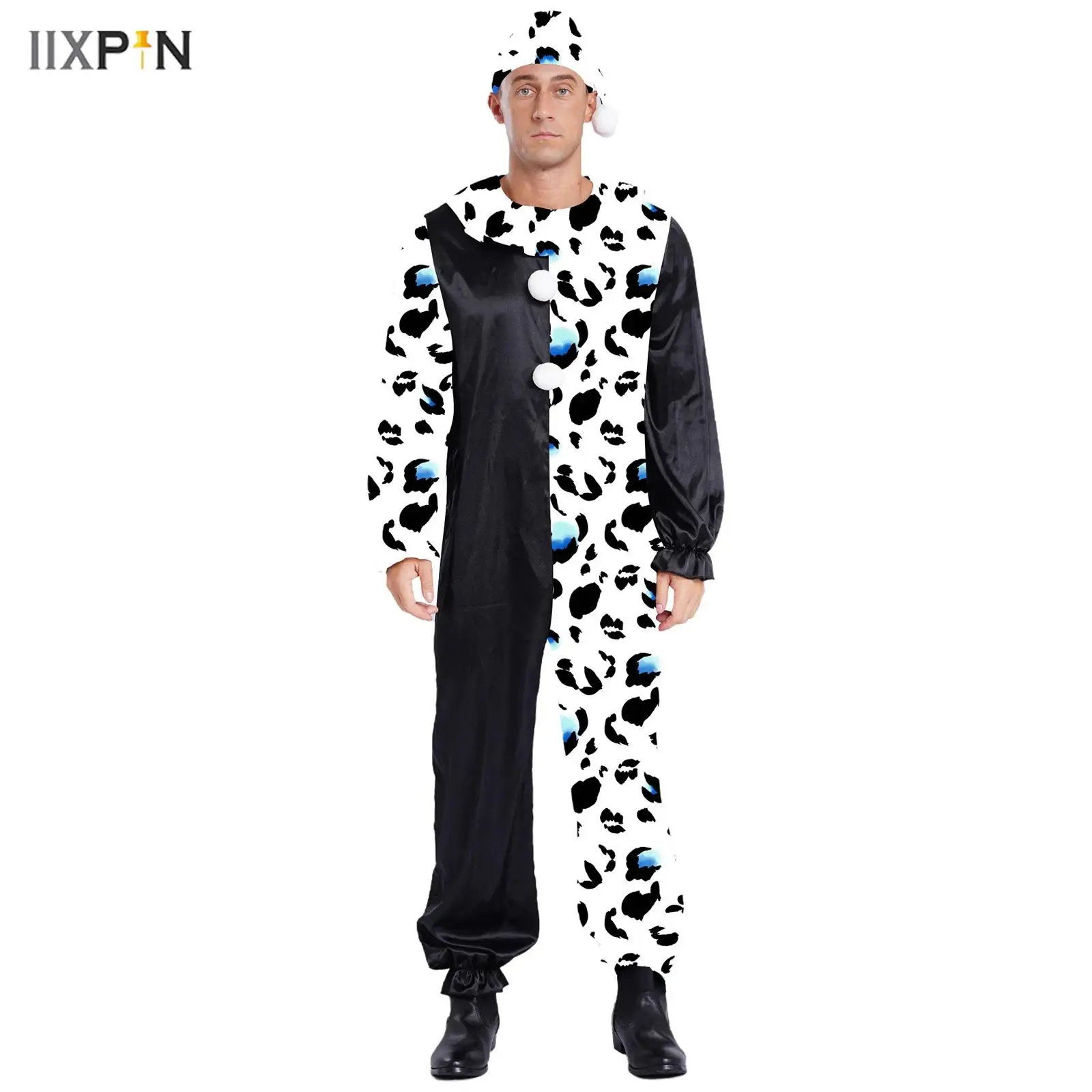 

2Pcs Men Halloween Clown Costume Long Sleeve Stripes Pompoms Jumpsuit with Hat Set Masquerade The Killer Clown Cosplay Costume