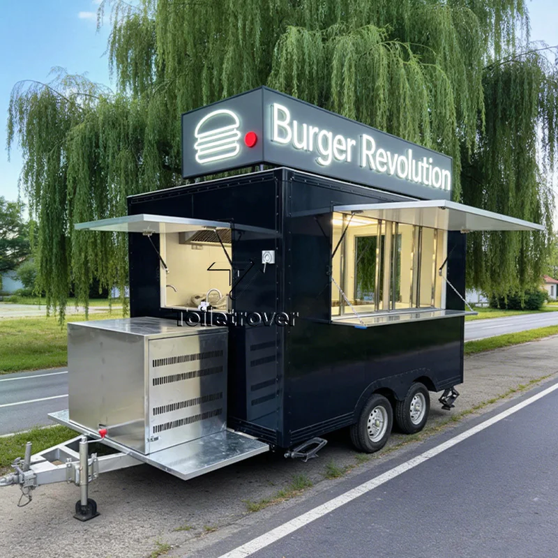 

Full Kitchen Commercial Concession Catering Black Mobile Food Trailer Custom Graphics Applied Food Truck Trailer for Kitchen