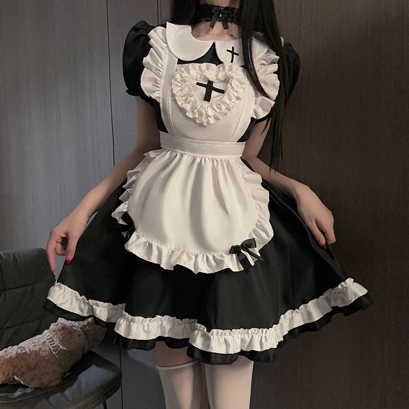 Sweetheart Maid Cosplay Costume, Classic Japanese Lolita Maid Dress with Apron Headwear for Anime Conventions and Cosplay Events