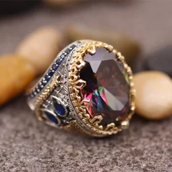 Fashion Men's Ring, Delicate, Inlaid with Multicolor Zircon, Carved Pattern, Vintage Metal, Punk Ring, Women's Accessories