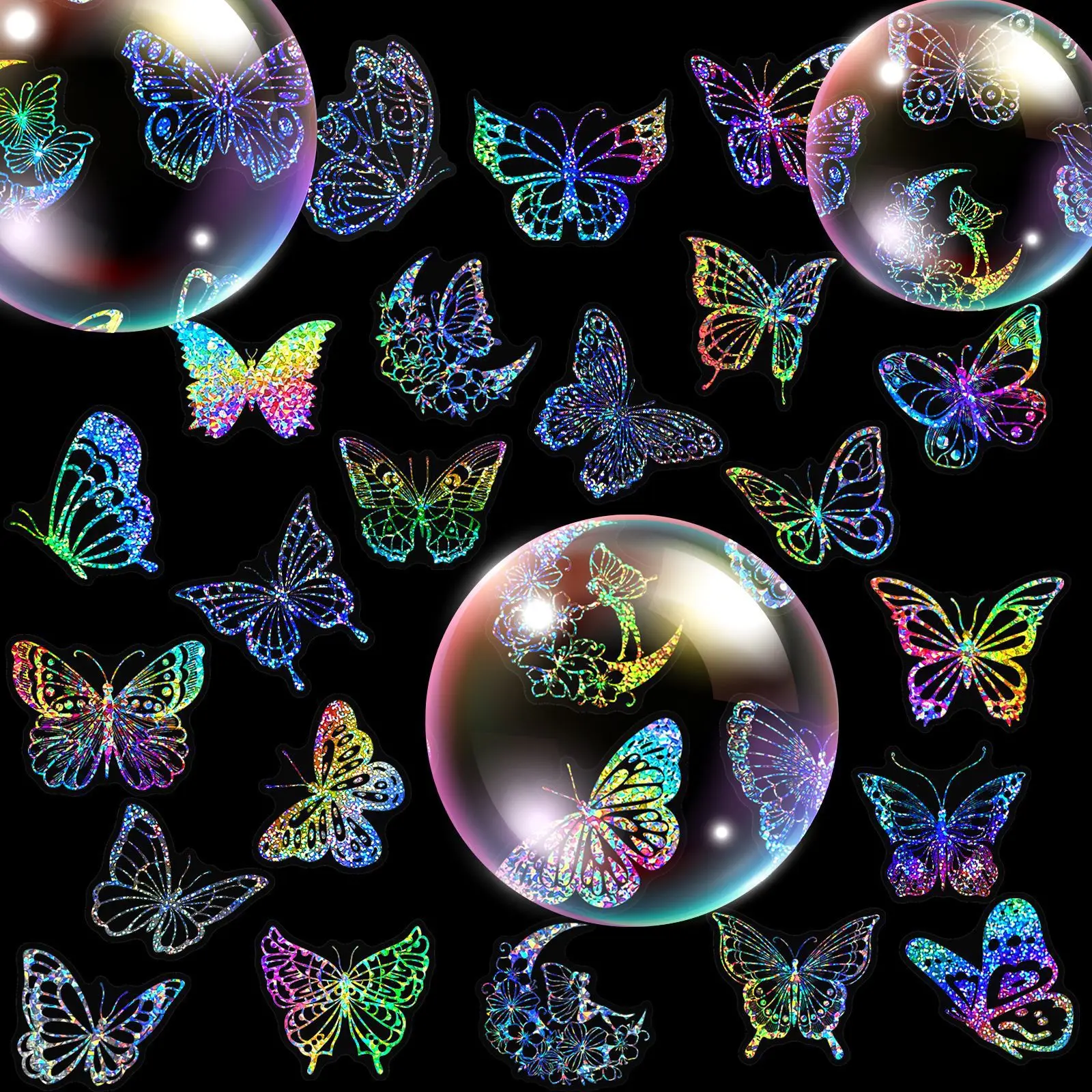 100 PCS/PACK Transparent Butterfly Laser Stickers Holographic Stickers PET Creative Retro Stickers for Laptop,Water bottles,Helm