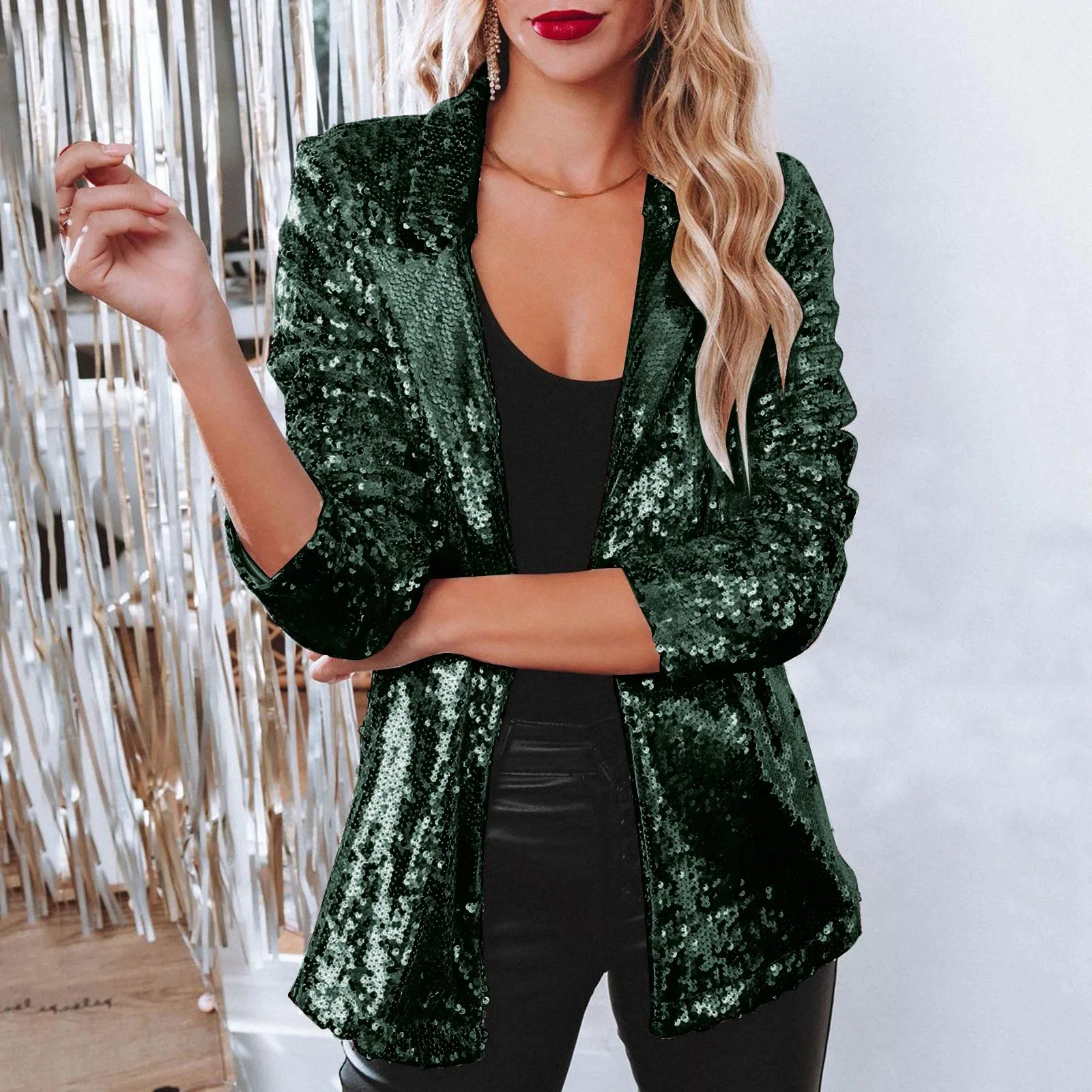 Sequin Glitter Party Open Front Casual Suit Coat Long Sleeve Shiny Lapel Rave Outerwear Autumn Winter Loose Fit Blazer Women