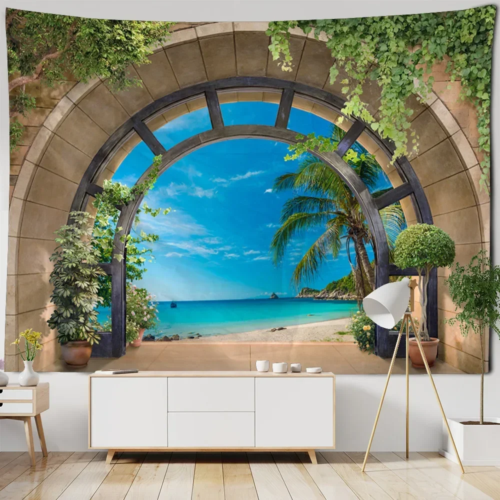 Natural landscape tapestry, forest waterfall, starry sky wall hanging, Bohemian living room, bedroom, studio art decoration