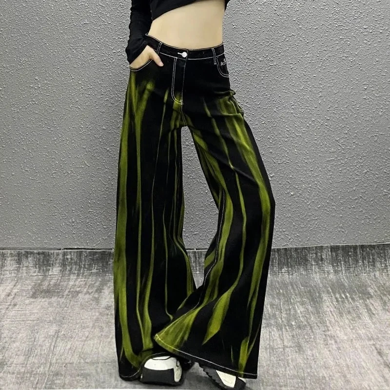 Streetwear Color-blocked Washed Casual Jeans For Women 2025 Autumn New High-waisted Loose High-waisted Straight Wide-leg Pants