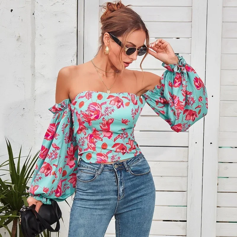 

Women's sexy printed one-shoulder autumn new long-sleeved temperament self-cultivation puff sleeve casual top women