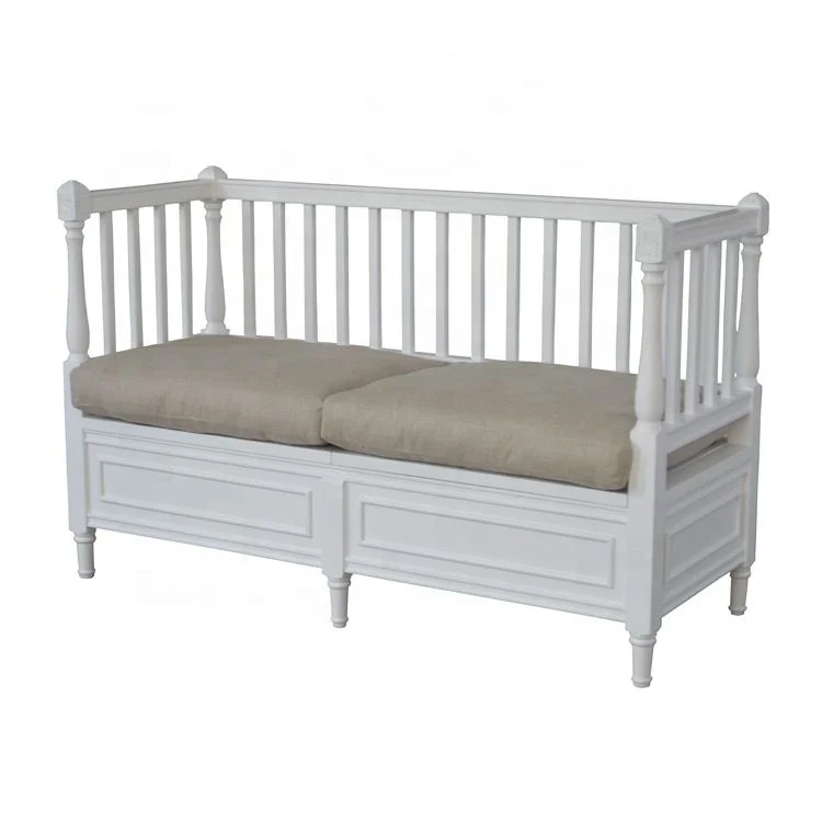 

HL101 Antique European Style Storage Wooden Frame Sofa Bench with Natural Linen Cushion Armrest