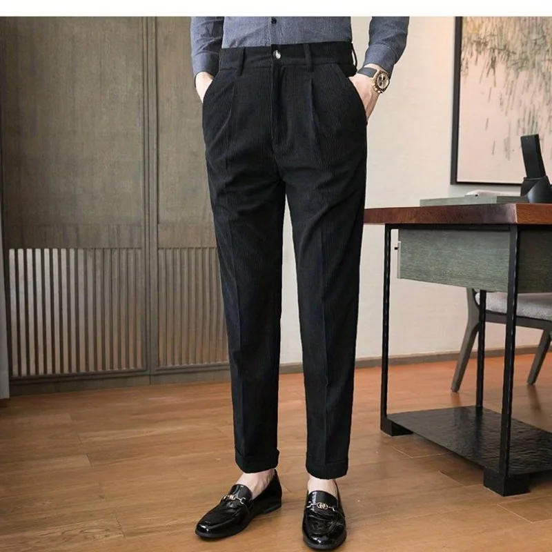 Korean Fashion Spring and Autumn New Men\'s Solid Color Pocket Zipper Corduroy Simplicity Casual Versatile Straight Suit Pants