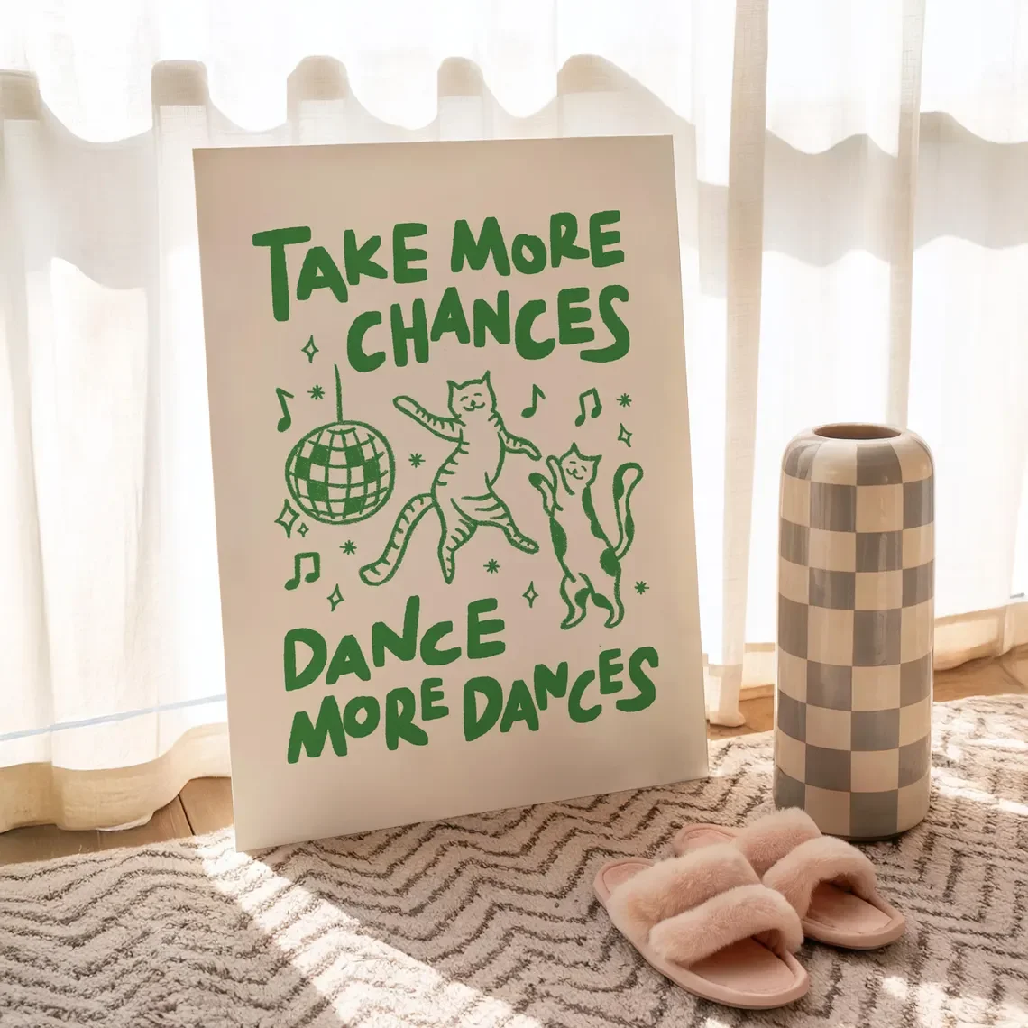 Playful ‘Take More Chances Dance More Dances’ Cat Disco Wall Art – Whimsical Green Print with Dancing Felines & Disco Ball, Perf view 4