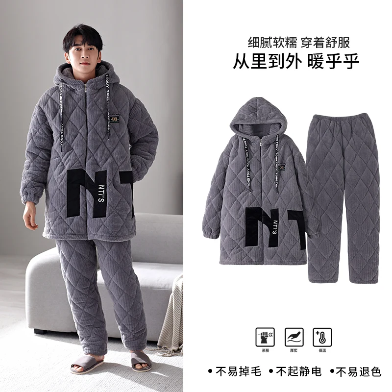 Men\'s Pajamas Set Winter Thick Warm Flannel Sleepwear 3 Layer Clip Cotton Hooded Pajamas Set