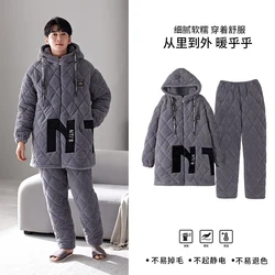 Men's Pajamas Set Winter Thick Warm Flannel Sleepwear 3 Layer Clip Cotton Hooded Pajamas Set