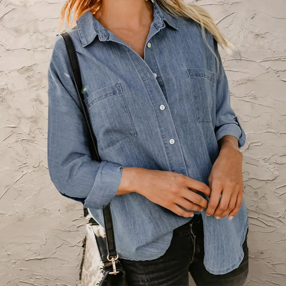 Women Denim Shirt Spring Autumn Lapel Long Sleeve Blouse Patch Pockets Shirt Solid Color Single Breasted Casual Shirt Coat